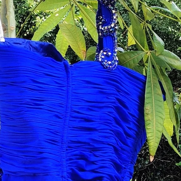 SHERRI HILL GORGEOUS ROYAL BLUE JEWELED ONE SHOULDER COCKTAIL FLARED DRESS Sz 12 - Picture 4 of 6